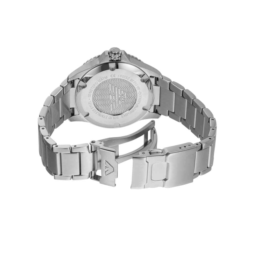 Emporio Armani Reloj Hombre, Movimiento de tres manecillas con fecha, caja de 42mm de acero inoxidable plateado con correa de acero inoxidable, AR11338, Tono plata y verde oscuro