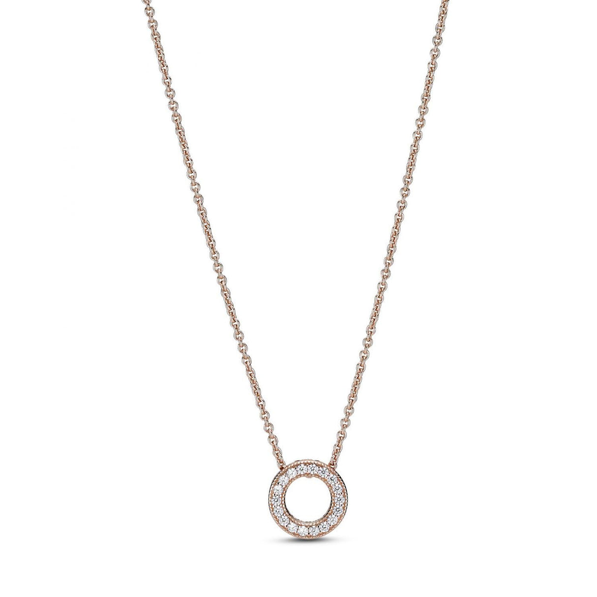 PANDORA Signature Collar reversible con círculo con engaste chapado en oro rosa de 14 quilates con circonitas cúbicas transparentes, 45