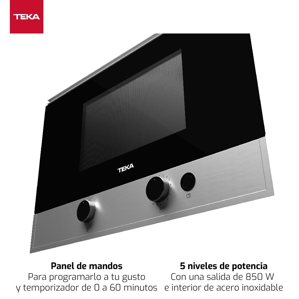 TEKA Microondas Integrable Mecánico, 22 L, 850 W, 5 Niveles de Potencia, Interior Acero Inoxidable con Base Cerámica, Temporizador 60 Min, Modelo MS 622 BI L S