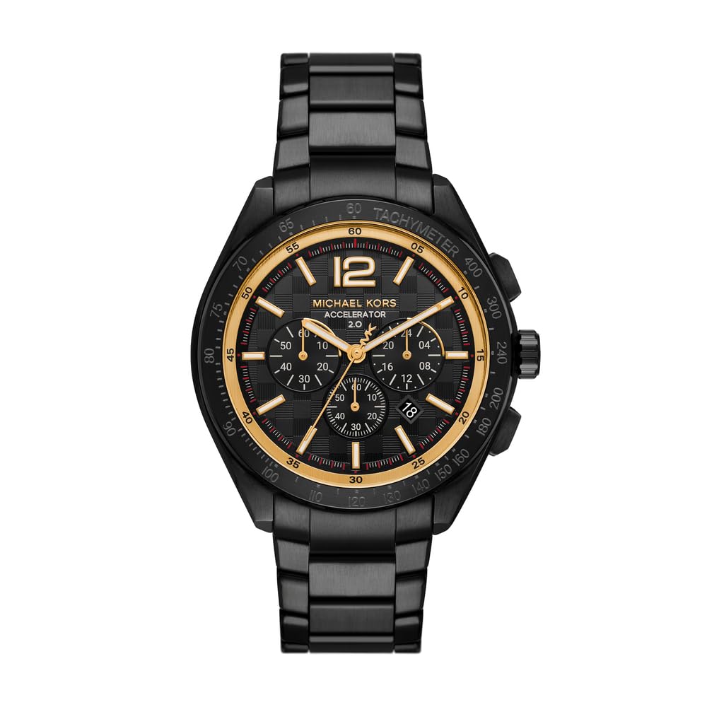 Michael Kors Reloj Accelerator 2 para Hombre, Movimiento cronógrafo de Cuarzo con Correa de Acero Inoxidable, Negro y Dorado