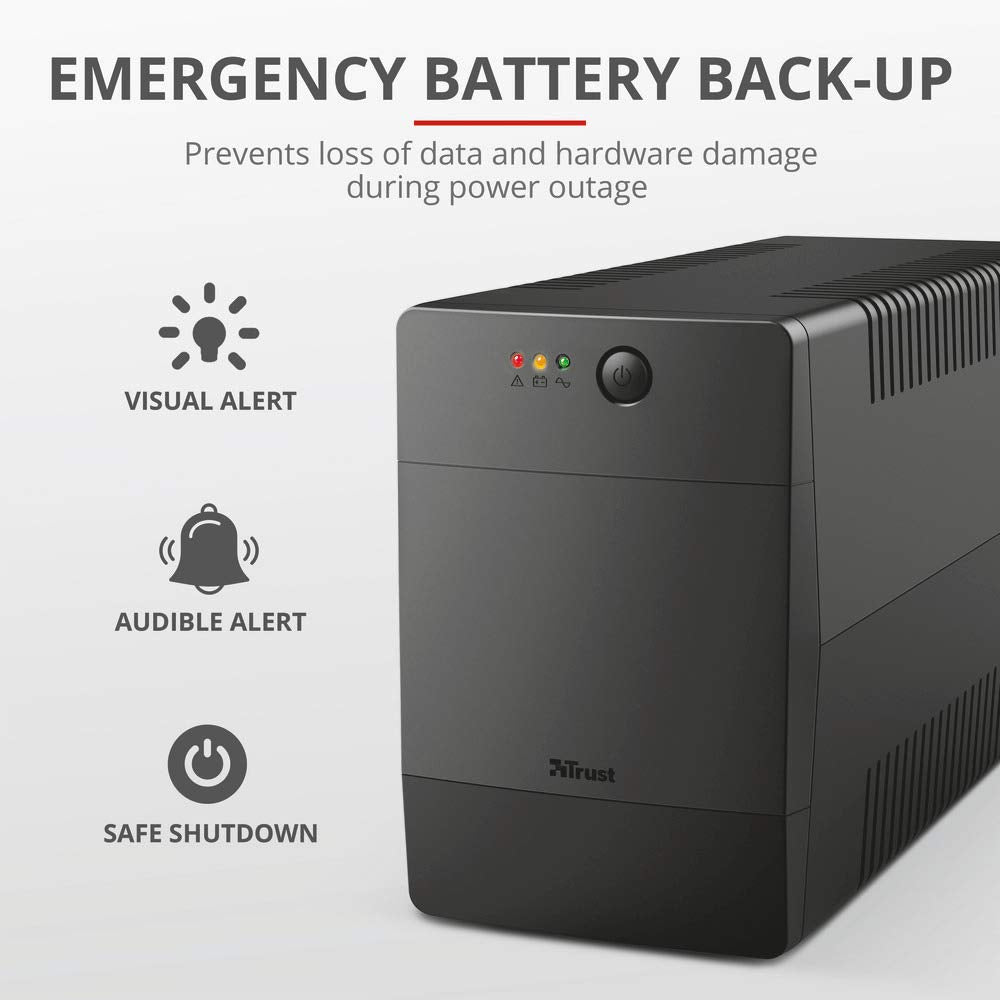 Trust Paxxon SAI PC 1500 VA Sistema de Alimentación Ininterrumpida, 4 Tomas de Pared Schuko, UPS con Batería Incorporada, Protección Incorporada contra Sobrecarga o Descarga, Ordenador, Smart TV
