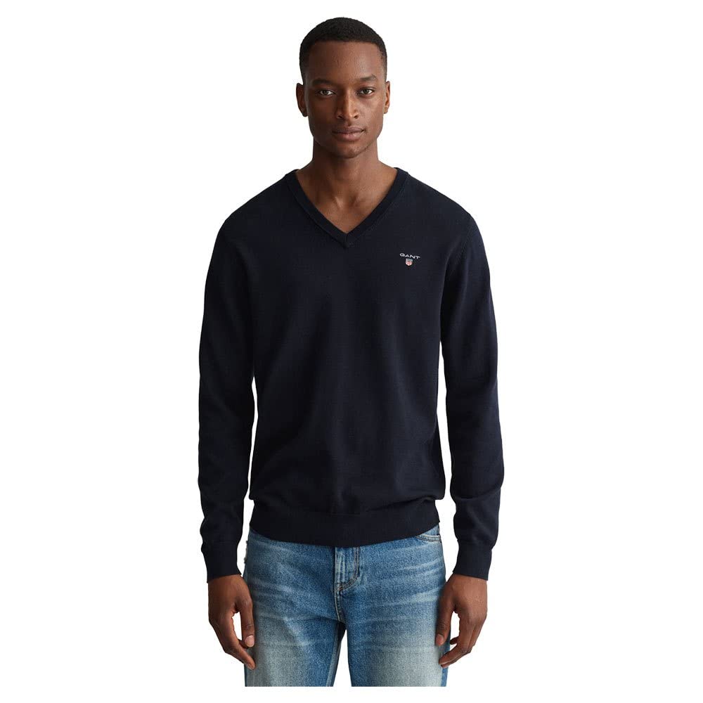 GANT Cuello en V de algodón Suéter, Azul Noche, M para Hombre