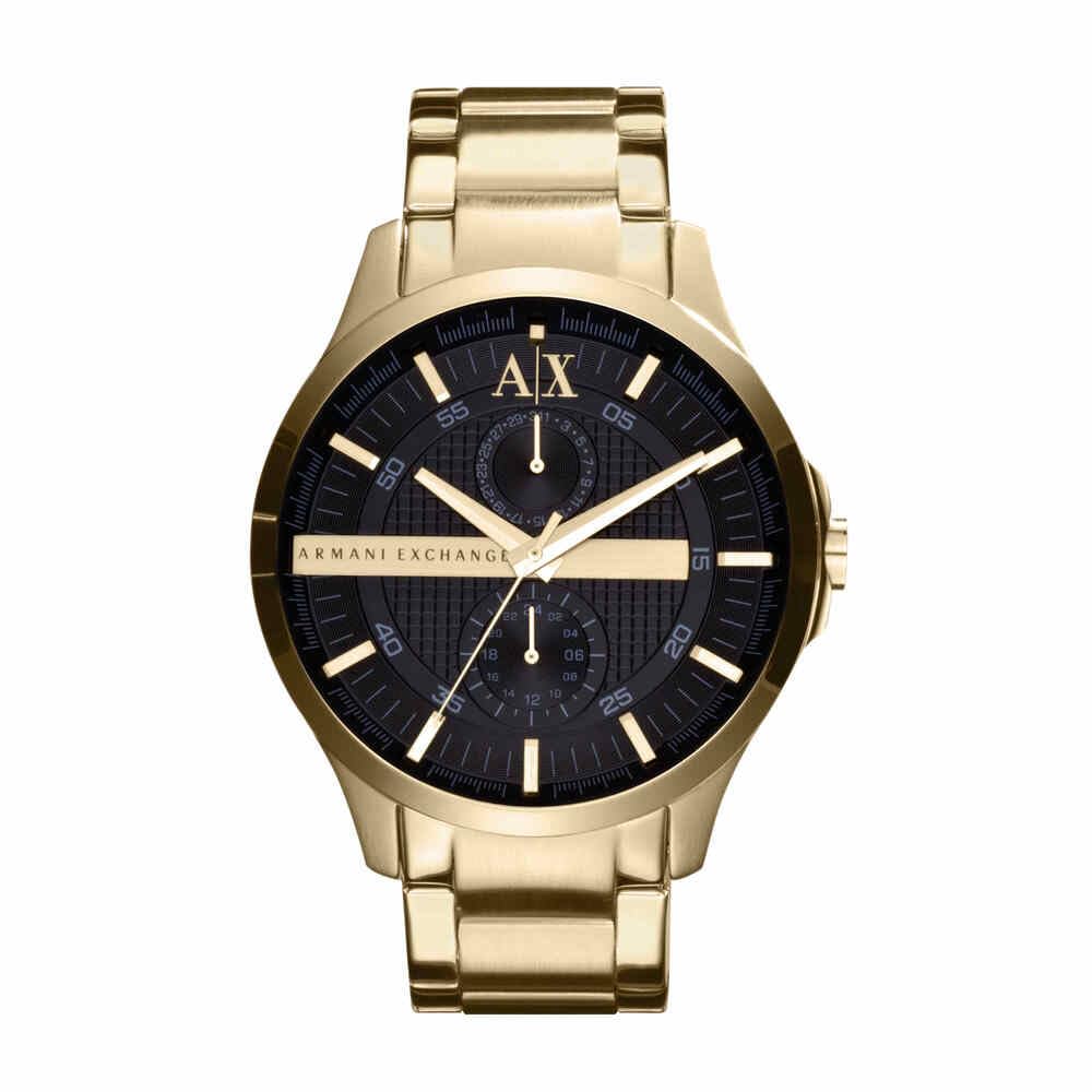 Armani Exchange Relojes de hombre, Movimiento de cuarzo multifunción y caja de 44 mm con correa de acero inoxidable, Tono dorado y negro azabache