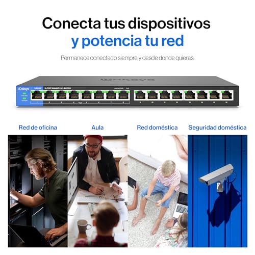 Linksys LGS116P-EU switch de red Gigabit no administrado de 16 puertos con 8 puertos PoE+, hasta 1000 Mbps, para empresas y particulares, vigilancia IP, divisor Ethernet de sobremesa