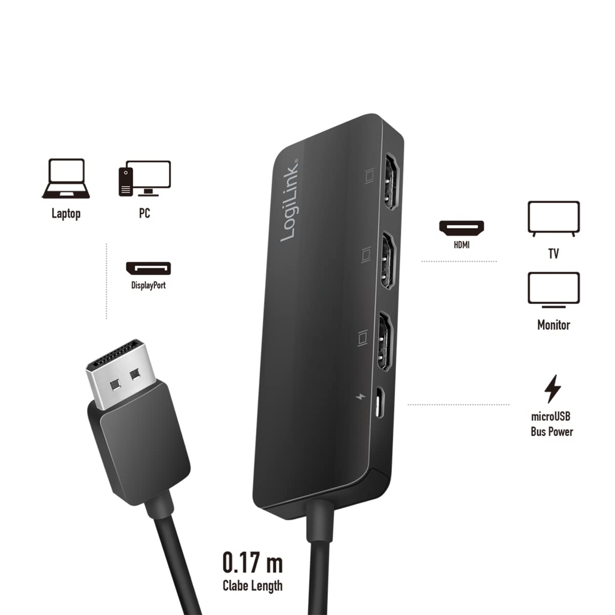 LogiLink Divisor 4K DisplayPort a HDMI, 1x DP a 3X HDMI, señal DisplayPort a 3 Dispositivos HDMI al Mismo Tiempo, Longitud del Cable: 17 cm