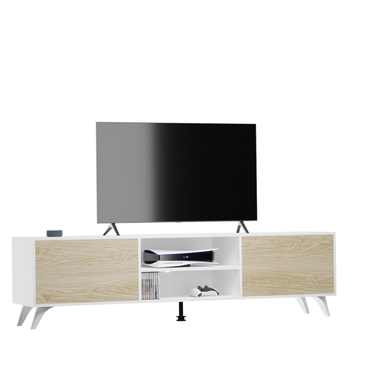 Homey Mueble de TV de Diseño Nórdico, 2 Compartimentos de Almacenamiento y 2 Puertas, Apto para Televisores de hasta 77 Pulgadas, Color Blanco-Roble