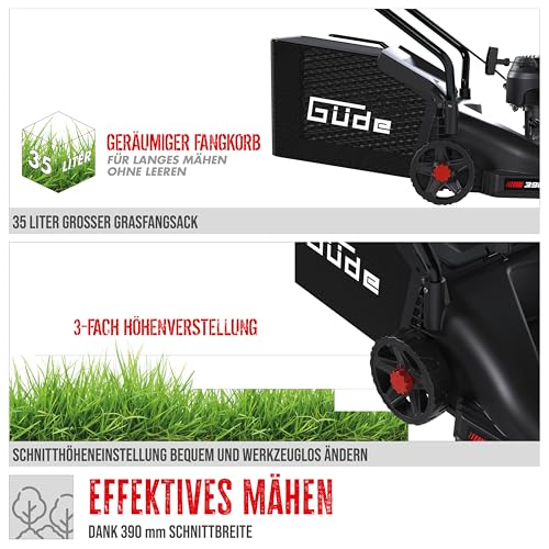 Güde Cortacésped Eco Wheeler 390 1,6 R (Motor de Gasolina de 4 Tiempos 1,6/2 (kW/PS), Ancho de Corte 390 mm, Dispositivo de Pesca de 35 L, Ajuste de Altura de Corte 30 – 66 mm, siega, recolección,