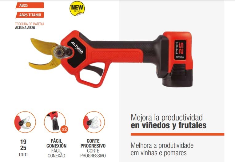 Tijera de Poda Inalámbricas - Modelo AB25 TITANIO - Corte Progresivo en Bypass para Trabajos de Precisión - Potencia de 500W y 2 Baterías 16,8V-2,5 Ah - Hoja de Titanio Forjado - Con Caja - Altuna