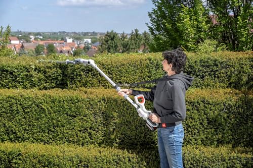IKRA Tijeras Cortasetos 2 en 1 ICPH 2050 con pértiga telescópica para setos Altos, Incl. batería de 20V, estación de Carga y Cinta de Hombro