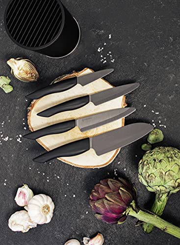 KYOCERA Juego de cuchillos de cerámica negro con cuchillo de pelar, cuchillo multiusos, cuchillo universal y cuchillo Santoku y bloque de cuchillos redondo para 8 cuchillos, KB-RD BK 4KN ZK EU