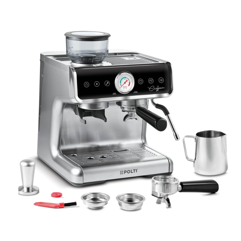 Polti Coffea G50S Cafetera con Molinillo de Café en Grano Integrado, para Espresso y Cappuccino, 30 Niveles de Molido, Steamymilk Profesional para Espumado de Leche, Plata