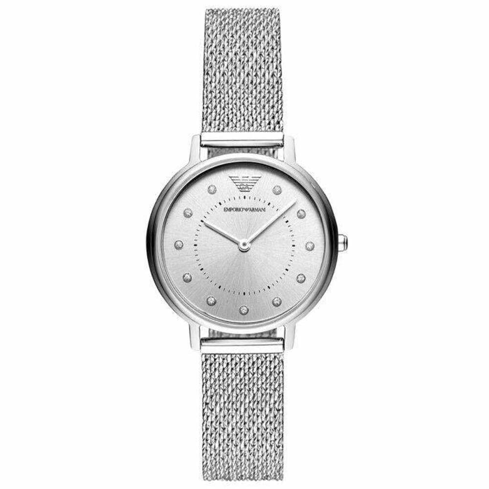 Emporio Armani Reloj para mujer, 32mm movimiento de cuarzo a dos agujas con correa de acero en tono plateado, Tono plata y gris claro