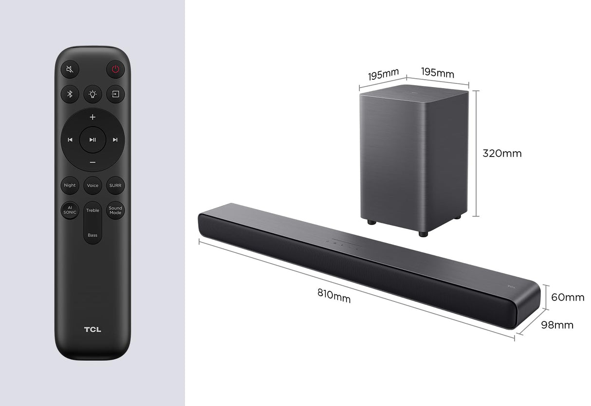 TCL Barra de Sonido S55HE 2.1, 220 vatios, Cine en casa, expansión de Sonido, Dolby Atmos, DTS Virtual:X, Barra de Sonido con subwoofer, Mando a Distancia único, Bluetooth 5.3, HDMI, USB