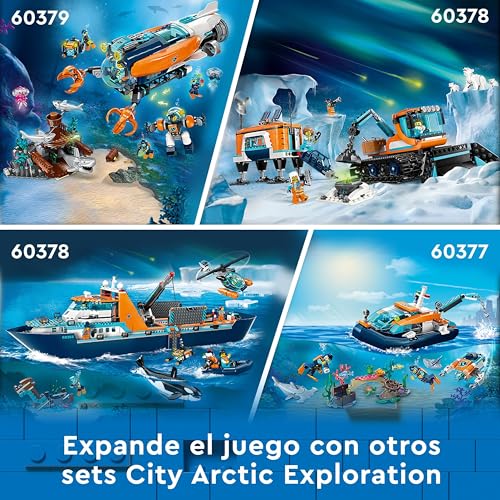 LEGO 60368 City Barco Explorador del Ártico, Barco Grande de Juguete Que Flota con Helicóptero, Sub, Naufragio Vikingo, Minifiguras y una Figura de Orca, Regalo para Niños y Niñas de 7 Años o Más