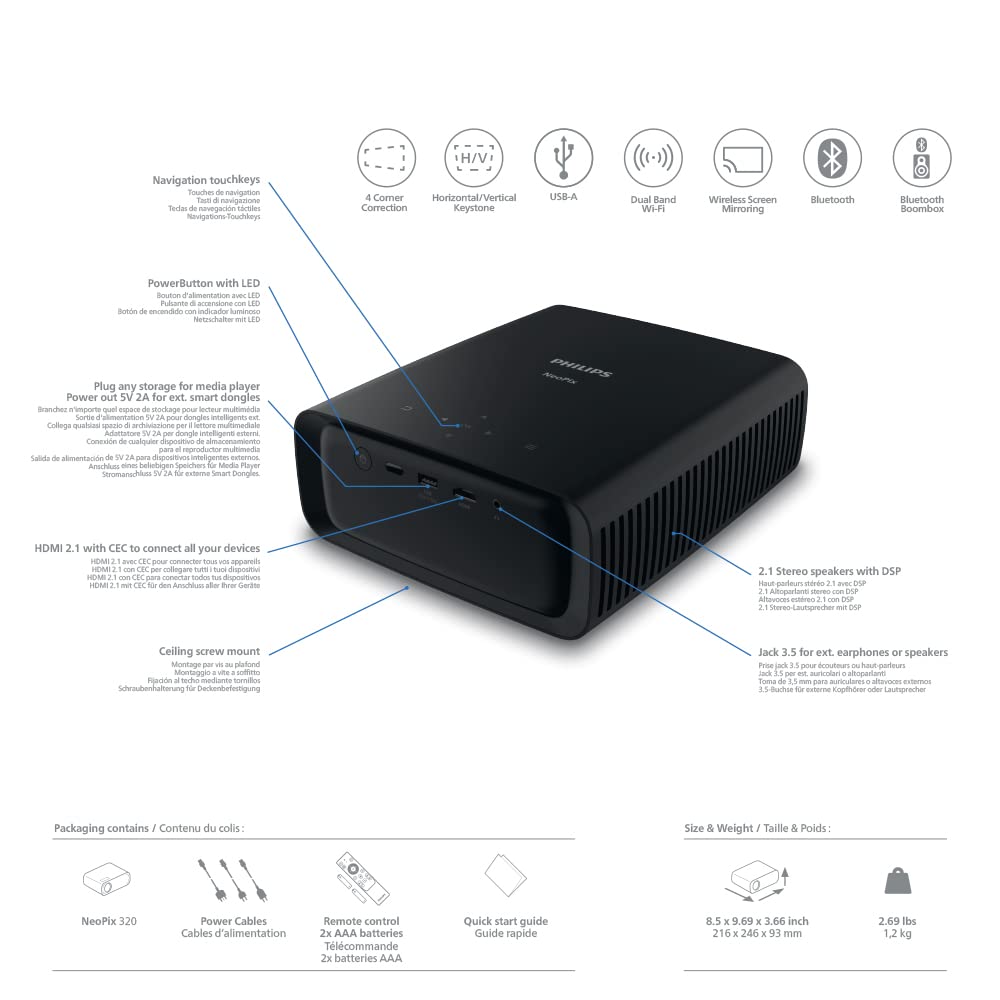 NeoPix 320, un proyector Inteligente True Full HD 1080p Nativo, con Aplicaciones precargadas, Reproductor Multimedia, Wi-Fi de Doble Banda, Bluetooth y un Potente Sistema de Audio 2.1