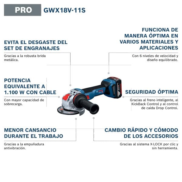 Amoladora angular a batería GWX 18V-11 con Bosch Professional 18V System y X-LOCK (incl. empuñadura auxiliar con control de vibración, cubierta de protección, L-BOXX 136)