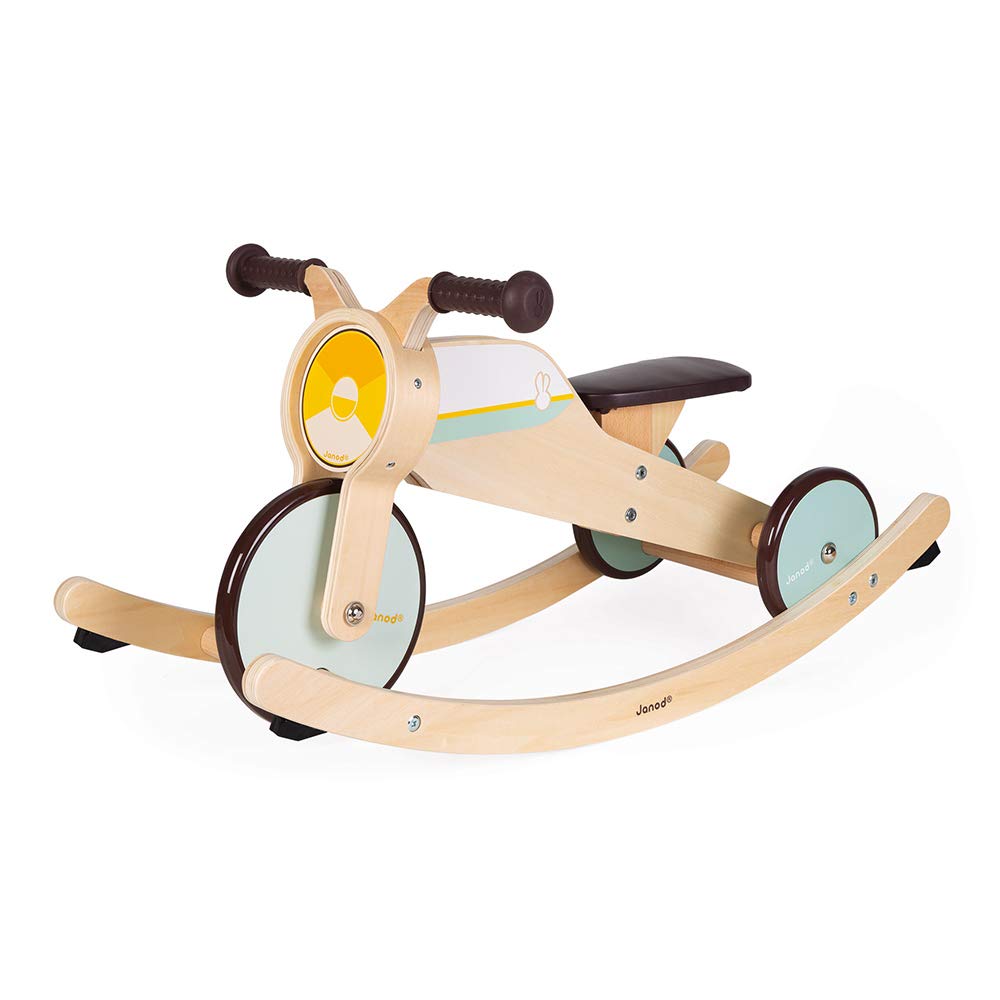 Janod - Triciclo de madera con balancín - Triciclo para bebés de la primera edad - Para desarrollar la motricidad gruesa y el sentido del equilibrio - Juguete de madera - De 12 a 36 meses, J03284