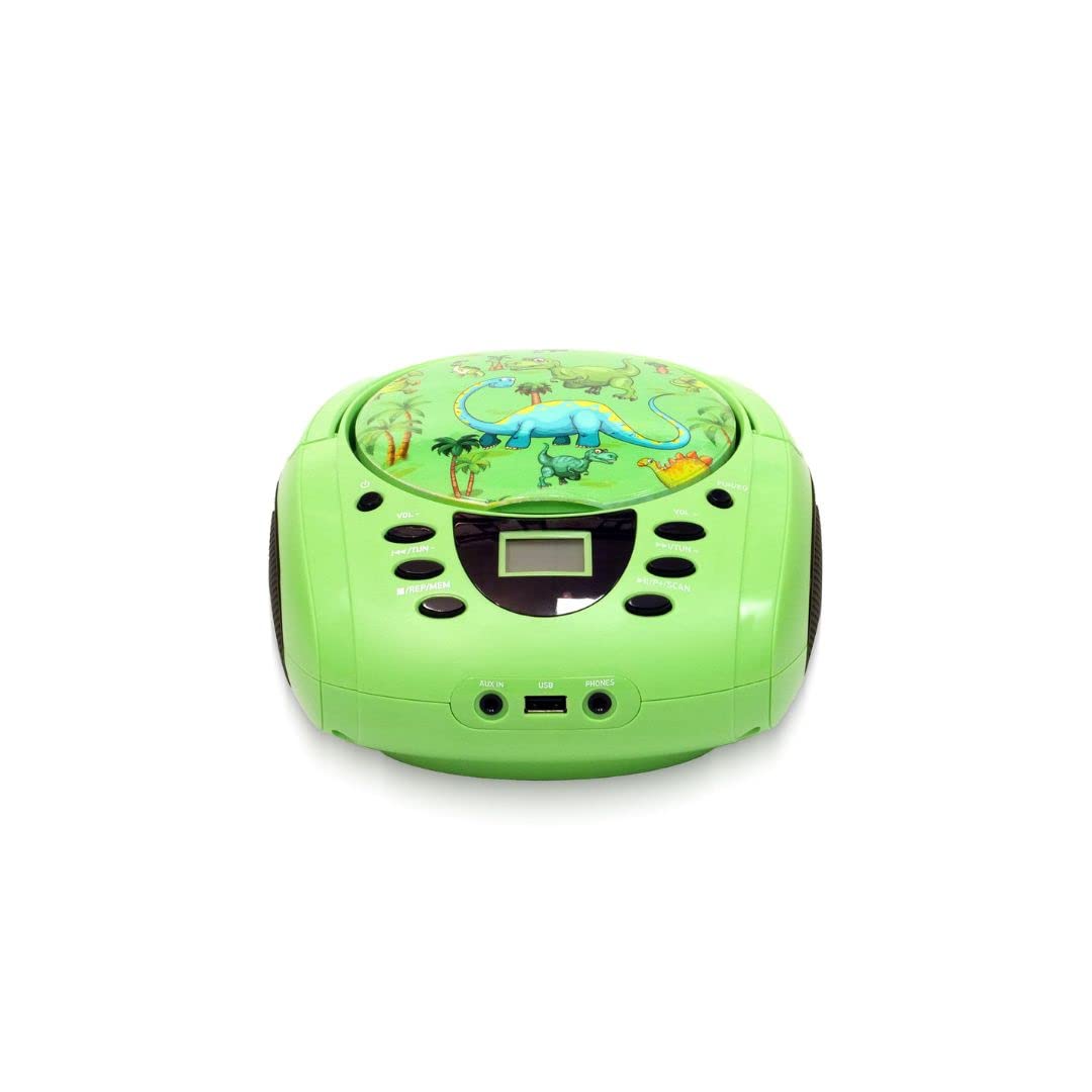 WE Reproductor - Radio CD - USB WeKids: FM, Reproductor de CD/CD-R/CD-RW/MP3, RMS2*2W, Entrada Aux y micrófono, Modelo Dinosaurio