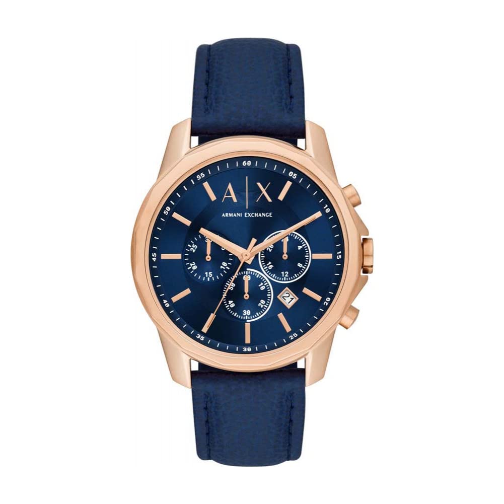 Armani Exchange Reloj hombre, movimiento cronógrafo cuarzo y caja 44mm con correa piel, Azul y tono oro rosa