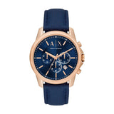 Armani Exchange Reloj hombre, movimiento cronógrafo cuarzo y caja 44mm con correa piel, Azul y tono oro rosa