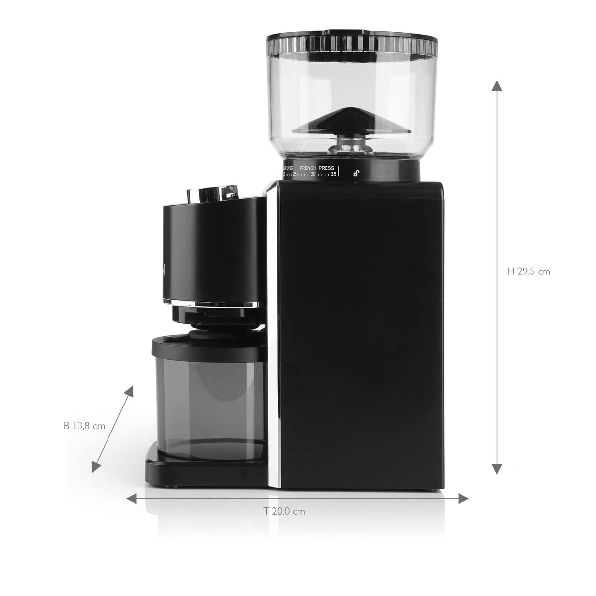 BEEM GRIND-PERFECT Molinillo de café eléctrico, 250 g, ajuste de grado de molienda de 35 niveles, mecanismo cónico, dosificación ajustable mediante rueda giratoria (2 – 12 tazas), molido directamente