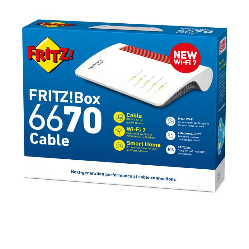 Fritz!Box 6670 Cable | Router Wi-Fi 7 con módem por Cable, Zigbee y DECT ULE, LAN de 2,5 Gigabit, Mesh Wi-Fi, USB, transmisión de TV | Compatible con Ziggo, Delta y más | Incluye actualizaciones