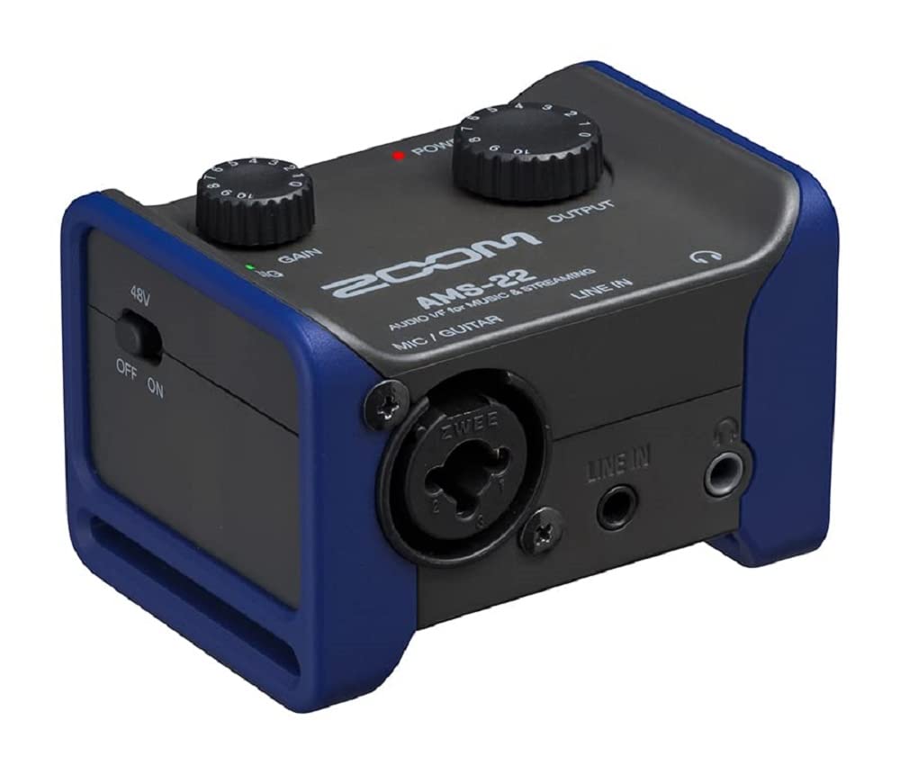 Zoom AMS-22 Interface de audio, 1 entrada XLR/TRS, entrada de línea estéreo, 2 salidas, loopback, monitorización directa, bus-powered, para grabaciones y streaming en PC, Mac, iOS y Android