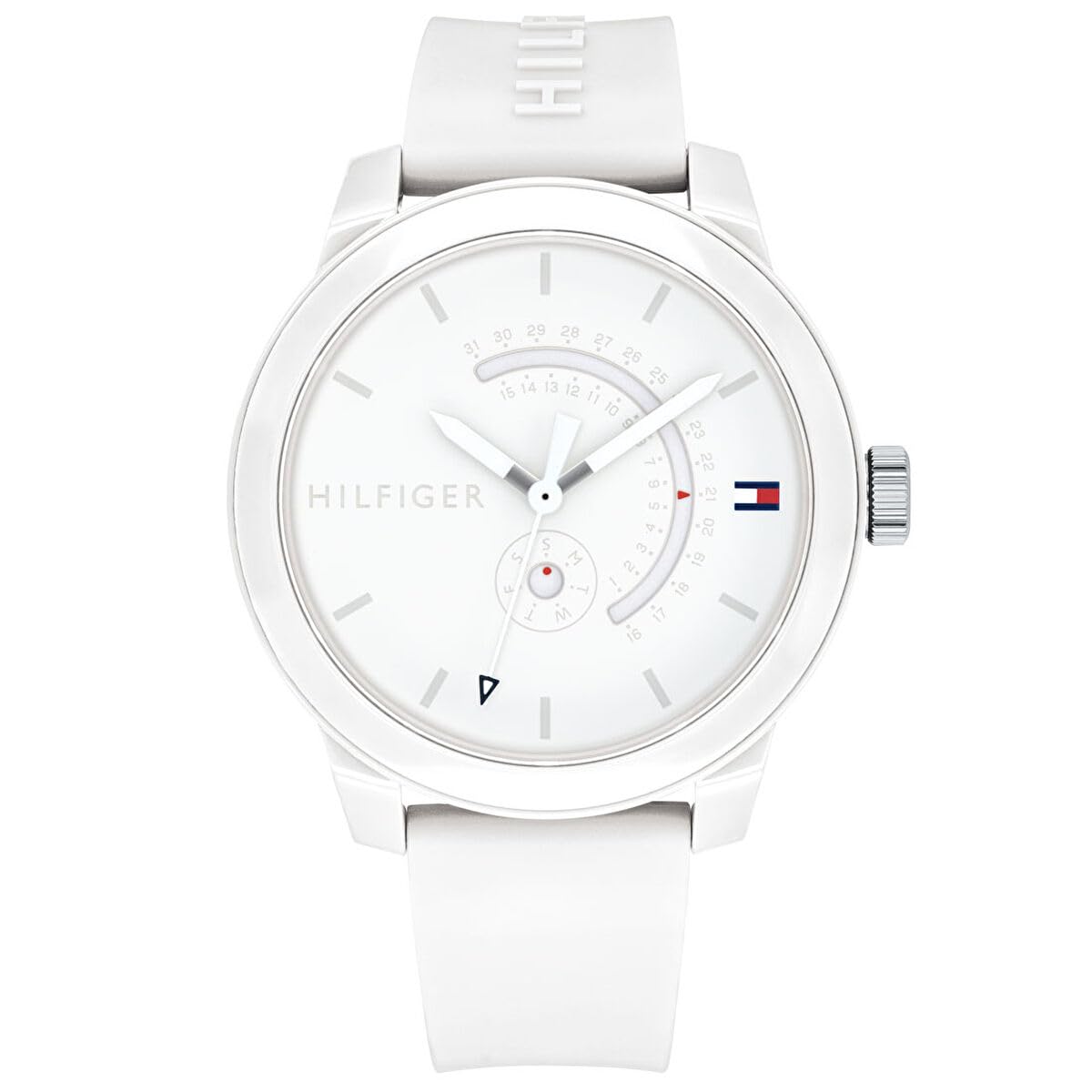 Tommy Hilfiger Reloj Analógico de Cuarzo para Hombre - Esfera Blanca, Correa de Silicona Blanca, Funciones de Día & Fecha, Caja de 44 mm, Resistente al Agua 3ATM - 1791481