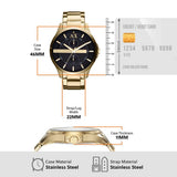 Armani Exchange Relojes de hombre, Movimiento de cuarzo multifunción y caja de 44 mm con correa de acero inoxidable, Tono dorado y negro azabache