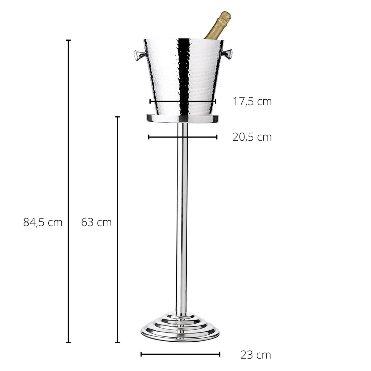 EDZARD Champanera/refrigerador de botellas Valencia, con soporte, acero inoxidable muy pulido, de doble pared, exterior martillado, altura total 83 cm, altura de refrigador 23 cm, diámetro 22 cm