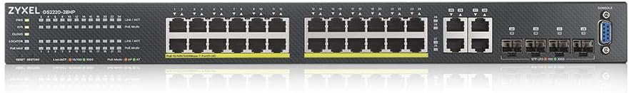 Zyxel Nebula 24-Port Gigabit Ethernet Layer 2 Managed PoE+ Switch with 375 Watt Margin and 4 Combined Gigabit Ports and Hybrid Cloud Mode [GS2220-28HP]