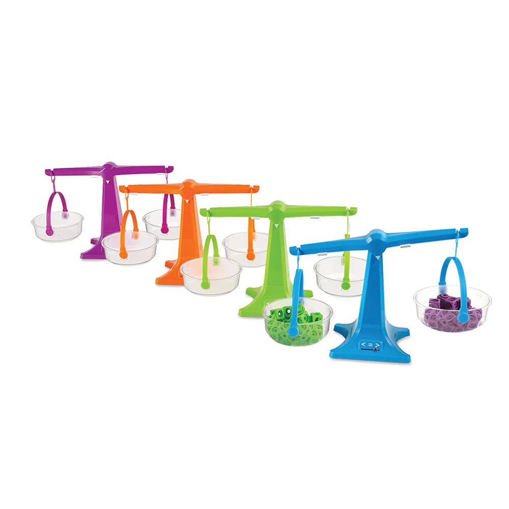 Learning Resources Set de 4 balanzas con platillos apilables, balanza con Dos platillos Transparentes para líquidos y sólidos, balanza para niños fácil de Montar, balanza para el Aula