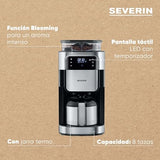 SEVERIN - Cafetera de goteo con molinillo hasta 10 tazas, Cafetera de filtro / Cafetera americana con jarra de cristal de 1l, con pantalla LED con temporizador, Acero inoxidable / Negro, KA 4814