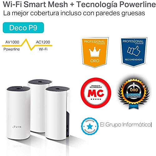 TP-Link Deco P9 PLC Wi-Fi Mesh Híbrido con Powerline, Adecuado para Paredes Gruesas, Powerline AV1000 + WiFi AC1200, Cobertura de hasta 370 ㎡, 2 x Puerto Gigabit, CPU Qualcomm