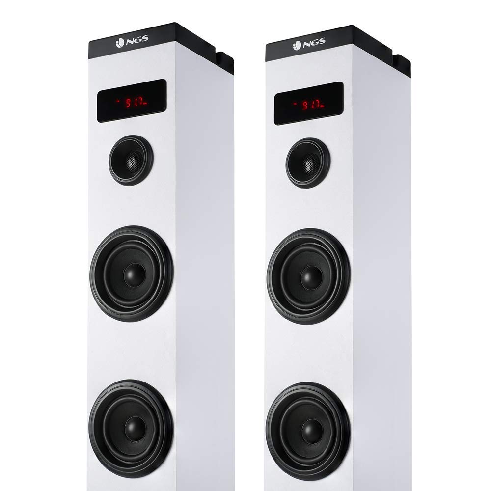 NGS Sky Charm White- Torre de Sonido Bluetooth 50W con Mando a Distancia, Entrada Óptica, USB, Radio FM y AUX IN (Color Blanco)