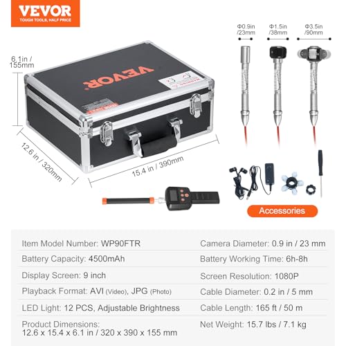 VEVOR Cámara de Alcantarillado con Localizador 512 Hz, 50 m, Cámara de Inspección de Drenaje con Nivelación Automática, Zoom 36X, 12 LED, Tarjeta 32 GB, para Tuberías de Conductos, 320 x 390 x 155 mm