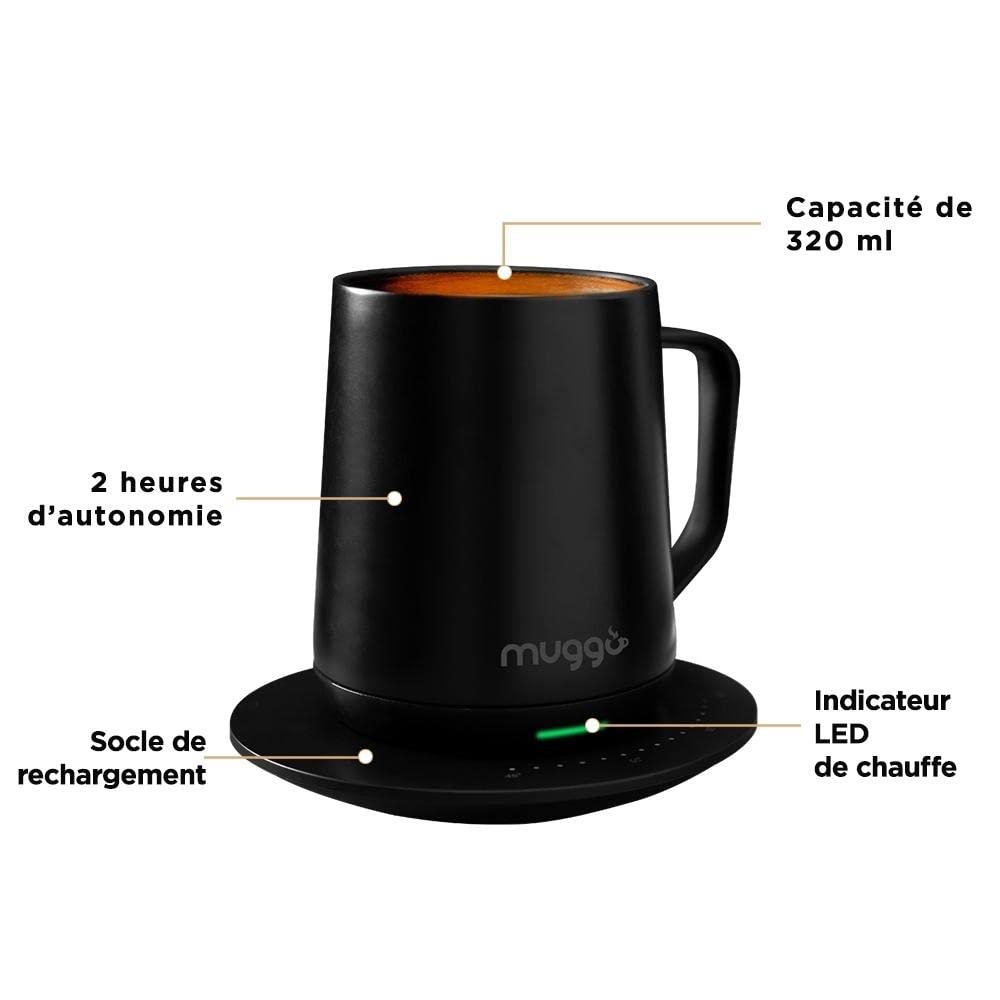 Muggo Taza calefactora, Copa Warmer, Control de Temperatura, 45°C/62.5°C, Calentador USB Oficina/Casa, Batería de Larga duración, Taza térmica de café/té, Limpieza fácil, Taza magnética