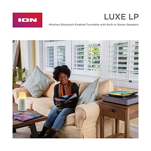 ION Audio Luxe LP - Tocadiscos de Vinilo Bluetooth con Altavoces, conversión USB, Plato de tamaño Completo, Auto-Stop, Salida de Auriculares, 3 velocidades, Madera Tintada