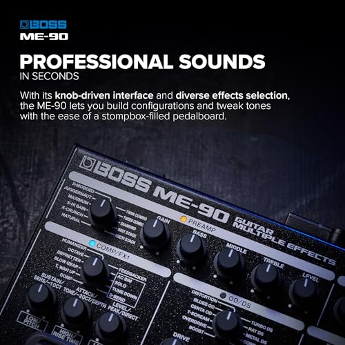 Multiefectos de guitarra BOSS ME-90 | Procesador de guitarra todo en uno | 11 modelos de ampli AIRD integrados | 60 efectos procedentes del GT-1000 | 8 conmutadores de pedal multifunción