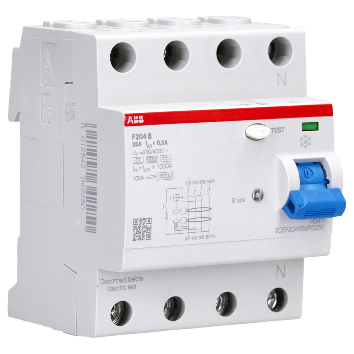 ABB F204 B-25/0.3 FI - Disyuntor RCD de 4 pines, 25 A, 300 mA, 10 kA, 4TE, para sistemas fotovoltaicos e inversores de frecuencia 2CSF204568R3250