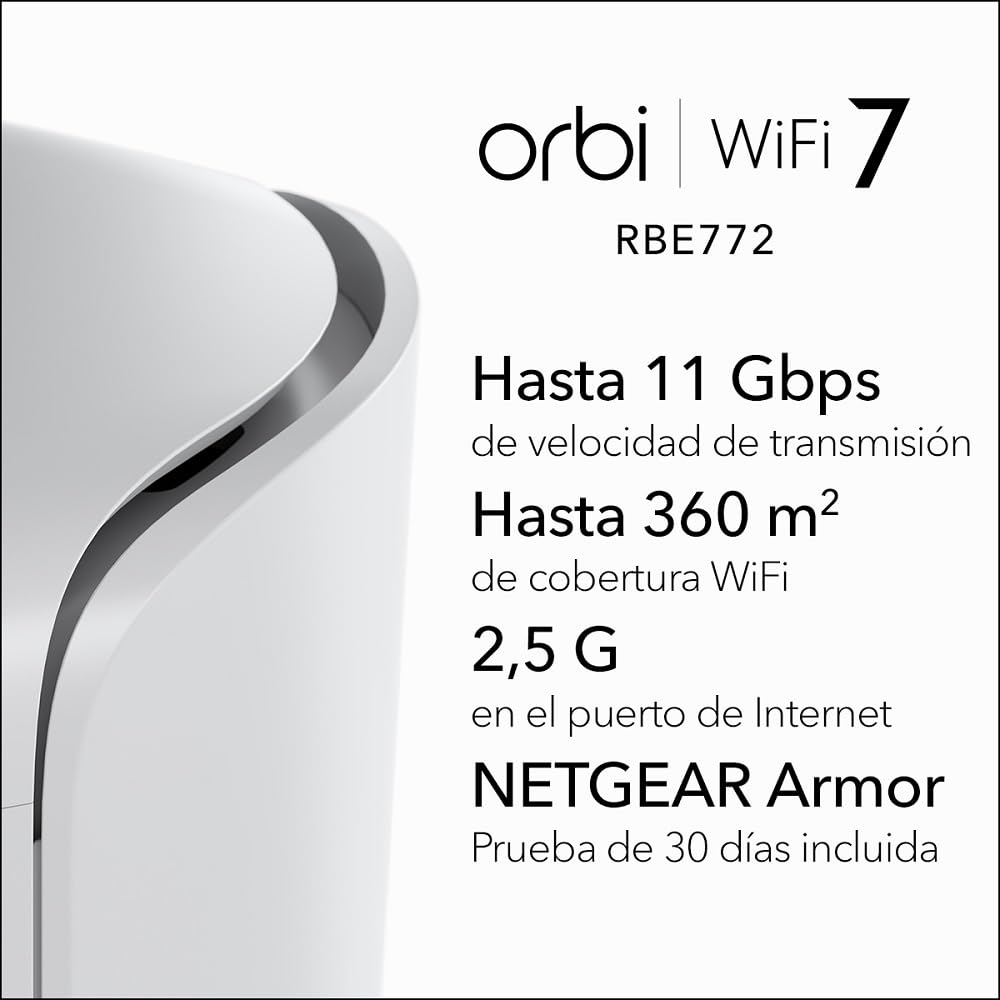 NETGEAR Orbi Mesh WiFi 7 Orbi Serie 770 (RBE772) | Router + 1 Extensores de Rango de satélite |Cobertura de hasta 360 m2 |100 Dispositivos |Puerto de Internet de 2.5 G
