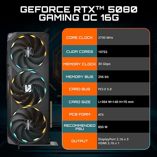 Gigabyte GeForce RTX 5080 Gaming OC 16G Tarjeta gráfica WINDFORCE Sistema de refrigeración 16GB 256 bits GDDR7, GV-N5080GAMING OC-16GD Tarjeta de Video