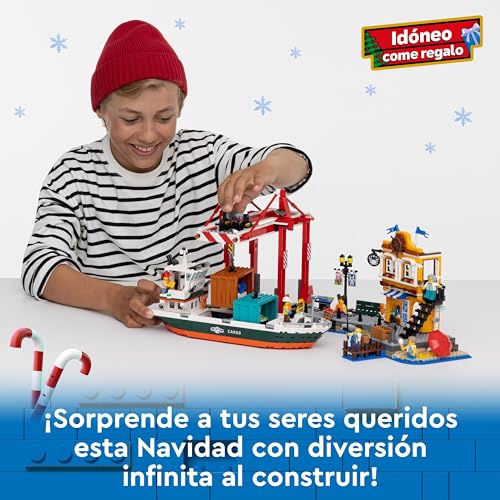 LEGO City Puerto Marítimo con Buque de Mercancías, Barco de Juguete de Construcción, Regalo para Niños y Niñas de 8 Años o Más, Grúa de Contenedores, Minifiguras, Caña de Pescar y Walkie Talkie 60422