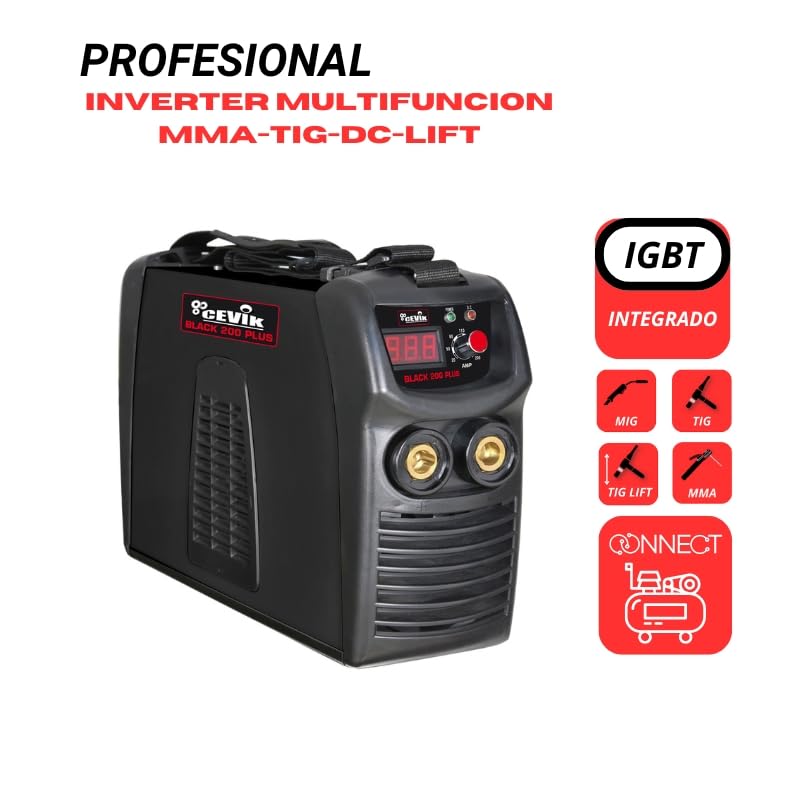 CEVIK PRO CE-BLACK200PLUS - Soldador Inverter MMA con Máscara de Soldadura y Portaelectrodo - 200A 40% 230V - Electrodos hasta 5mm - Display Digital -IGBT- Conectable a Generador - Máquina de Soldar