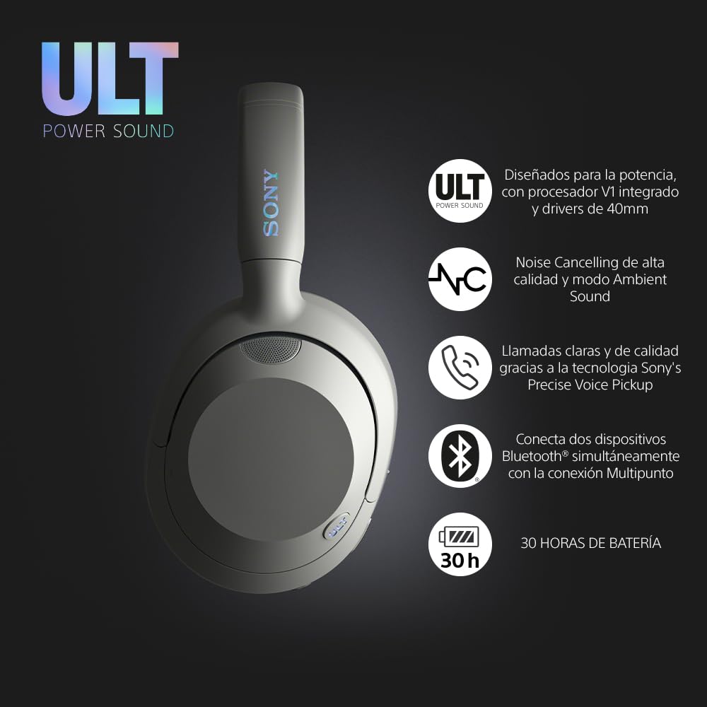 Sony ULT Wear, Auriculares inalámbricos Bluetooth con ULT Power Sound, Ultimate Deep Bass, Noise Cancelling, Calidad de Llamada nítida, hasta 30H de autonomía de batería, iOS y Android, Blanco Marfil