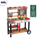 Theo Klein 2368 Beach Picnic, BBQ Country cocinita de Verano, Cocina de Madera con Parrilla y Plantas, con Accesorios, Juguete para niños Desde 3 años