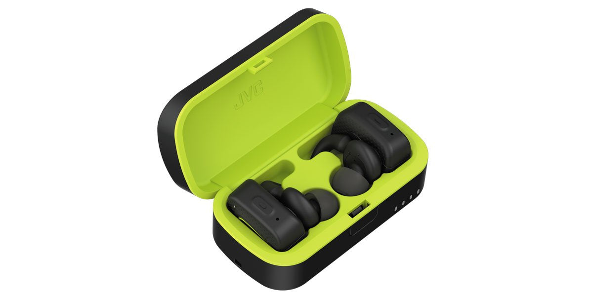 JVC Auriculares True Wireless HA-ET90BT. Cascos Inalámbricos con máximo de 9 Horas de Batería. Resistencia al Agua. Control de Volumen y Llamadas. Incluye Estuche de Carga. Color Negro.