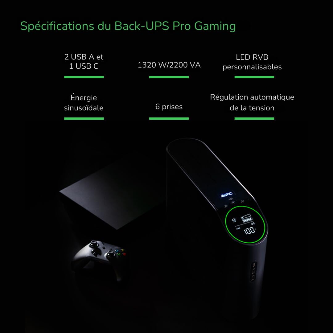 APC Gaming Sistema de alimentación ininterrumpida Back UPS Pro, 2200VA/1320W, Torre, 230V, 4X Tomas Schuko y 2X IEC C13, Luces RGB, Onda sinusoidal Pura, Medianoche (Negro) BGM2200B-GR