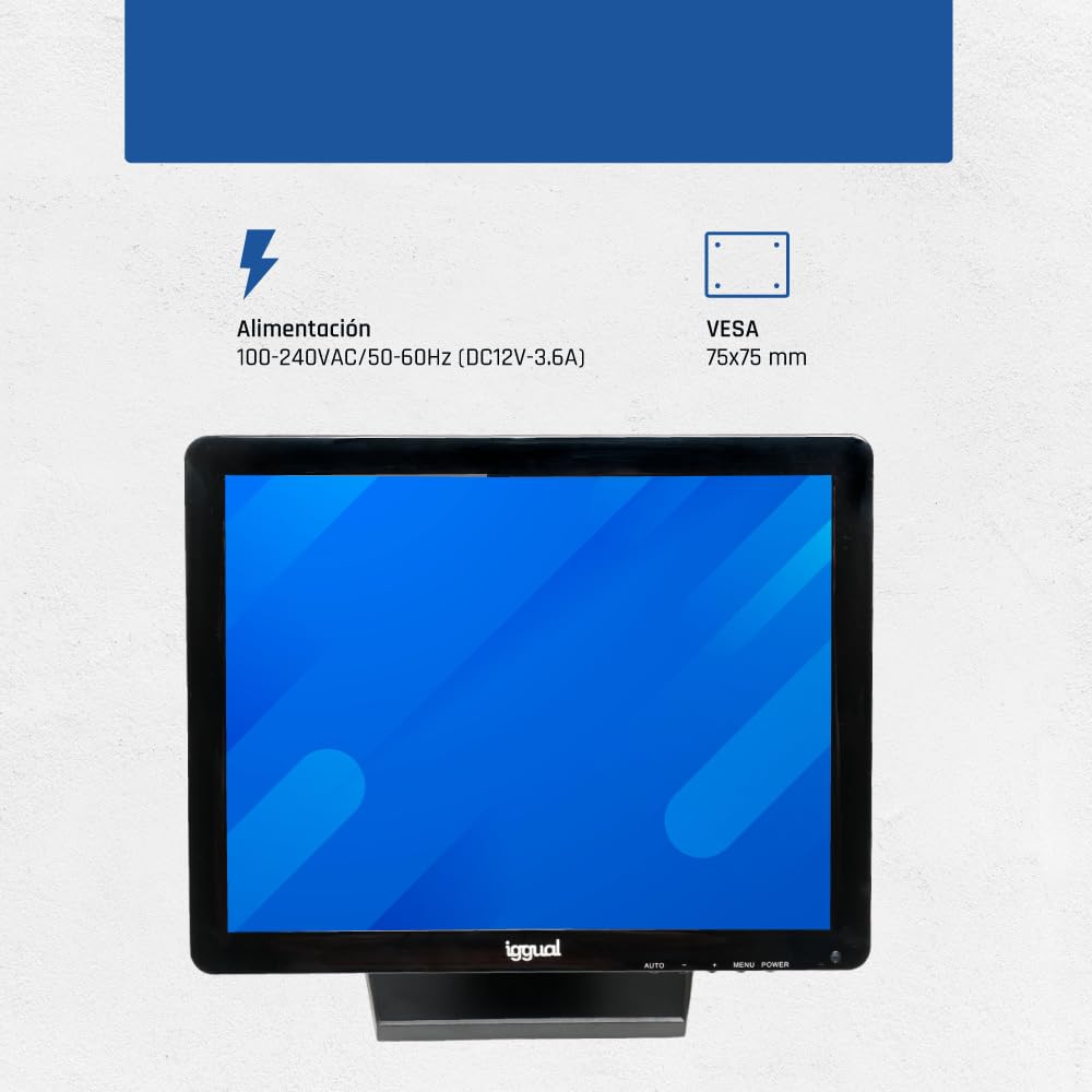 iggual Monitor Táctil de 15" - Compat Aplicaciones TPV- Panel Resistivo 75Hz TFT LCD (4:3)- SO: Wind XP hasta 11,MS-Dos, Linux- VESA 75x75mm- USB-A + VGA+HDMI, 1.024x768 XGA (349x274x69) MTL15C