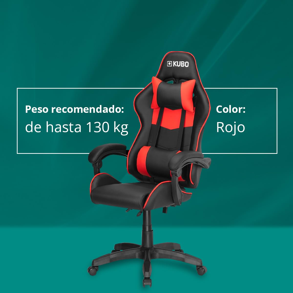 KUBO - Silla Gamer - Ergonómica - Reposacabezas - Elevación Gas Nivel 4 - Máximo Confort - Color: Rojo -Peso Máximo de hasta 130 kg